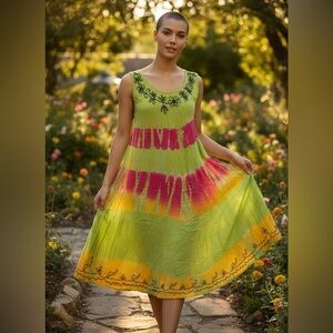 NWT VINTAOE CEAN BREEZE CHARTREUSE & PINK TYE DYE OVERSIZE BOHO MIDI DRESS OS